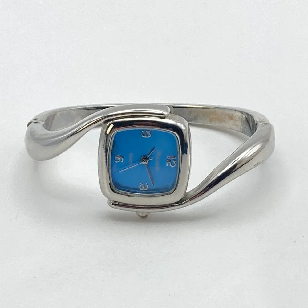 Panache Women's Watch Silver Tone Cuff Asymmetrical Blue New Battery SMALL 6